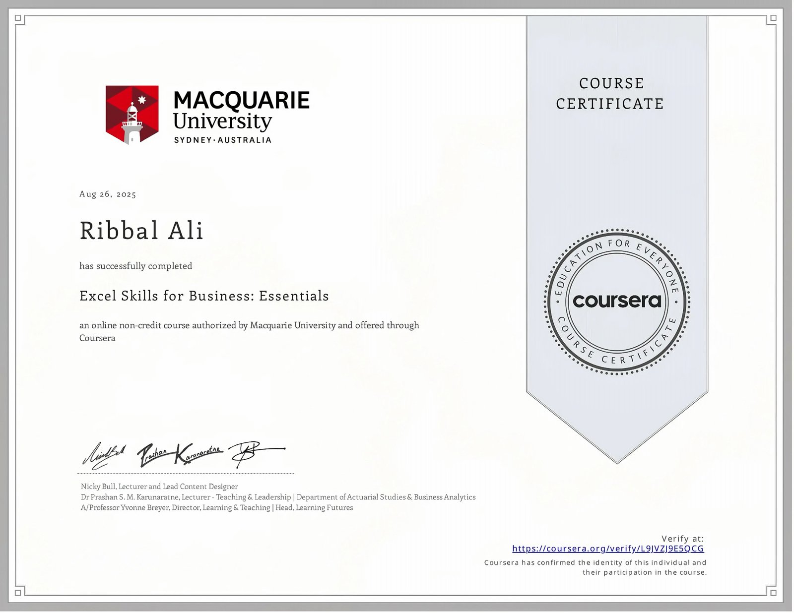 Excel Skills for Business Certificate